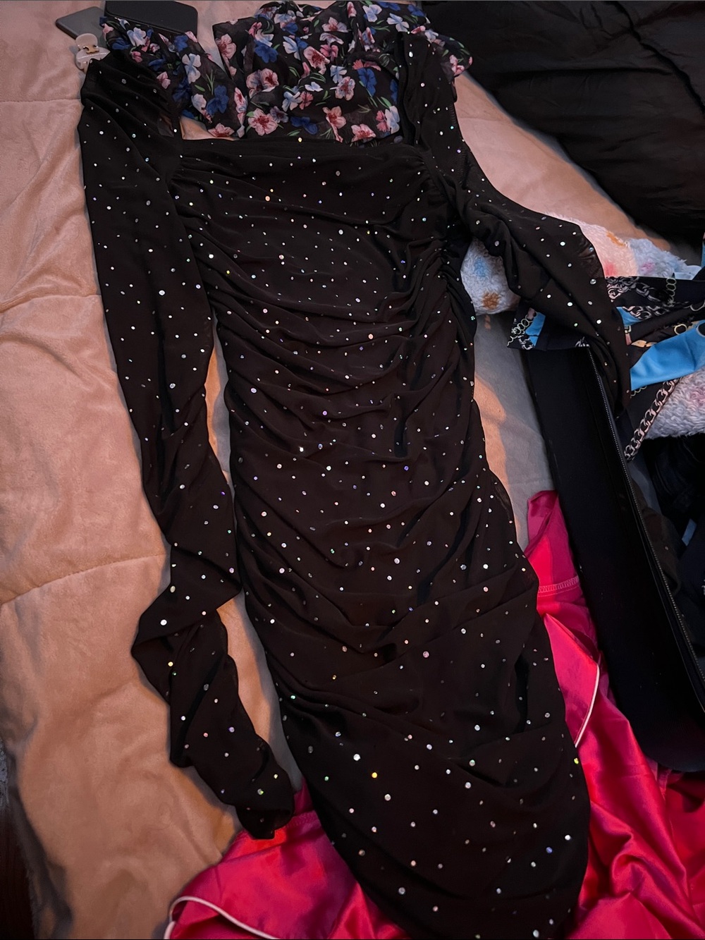Black Long Sleeve Ruched Dress with Rhinestones